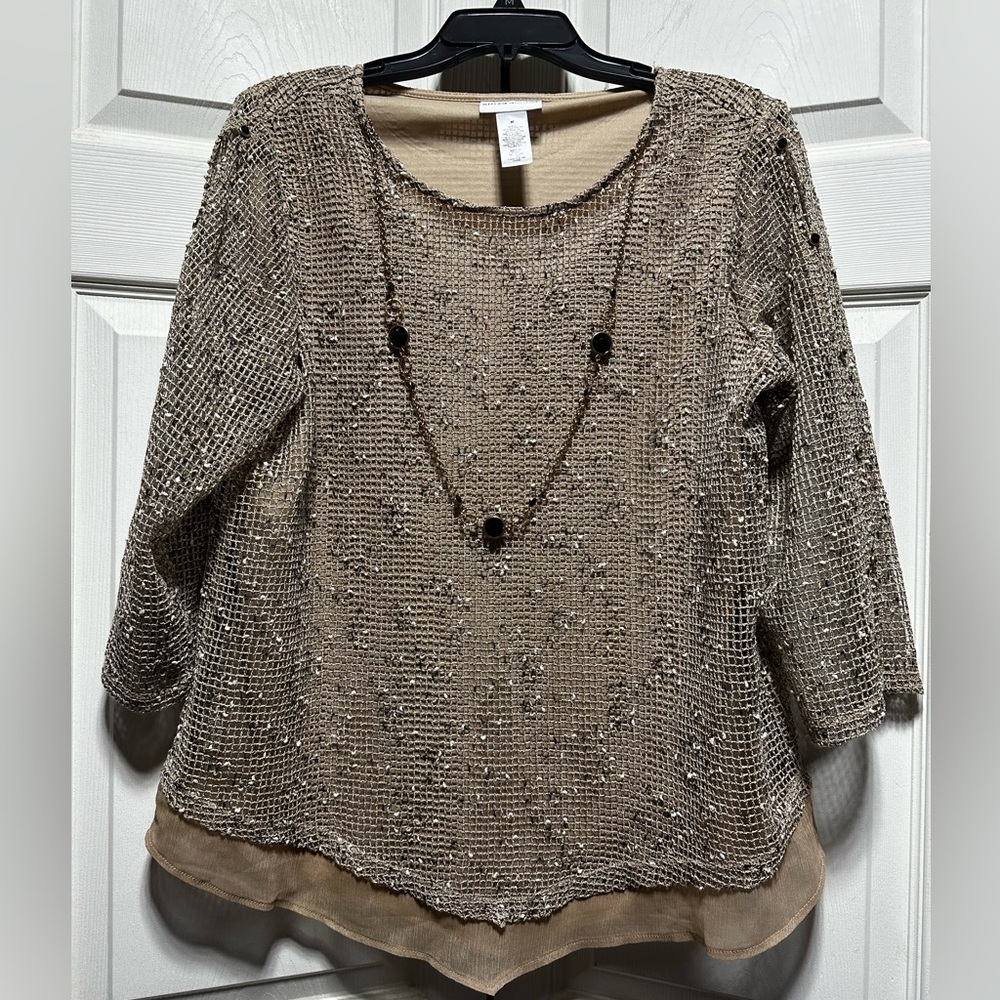Alfred Dunner Mesh Net Top Womens Medium 3/4 Sleeve Layered Necklace Blouse